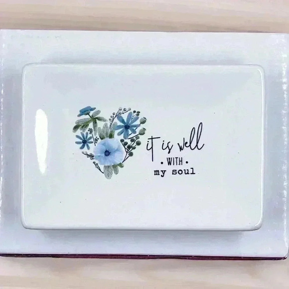 It Is Well With My Soul White Ceramic Soap Dish W/ Blue Flowers & Black Accents - Picture 2 of 13